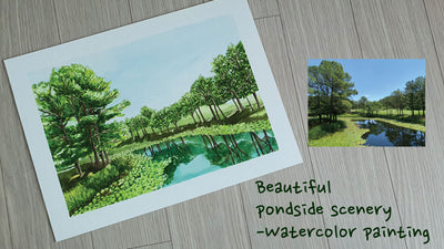 Beautiful pondside scenery-watercolor painting 🏞️
